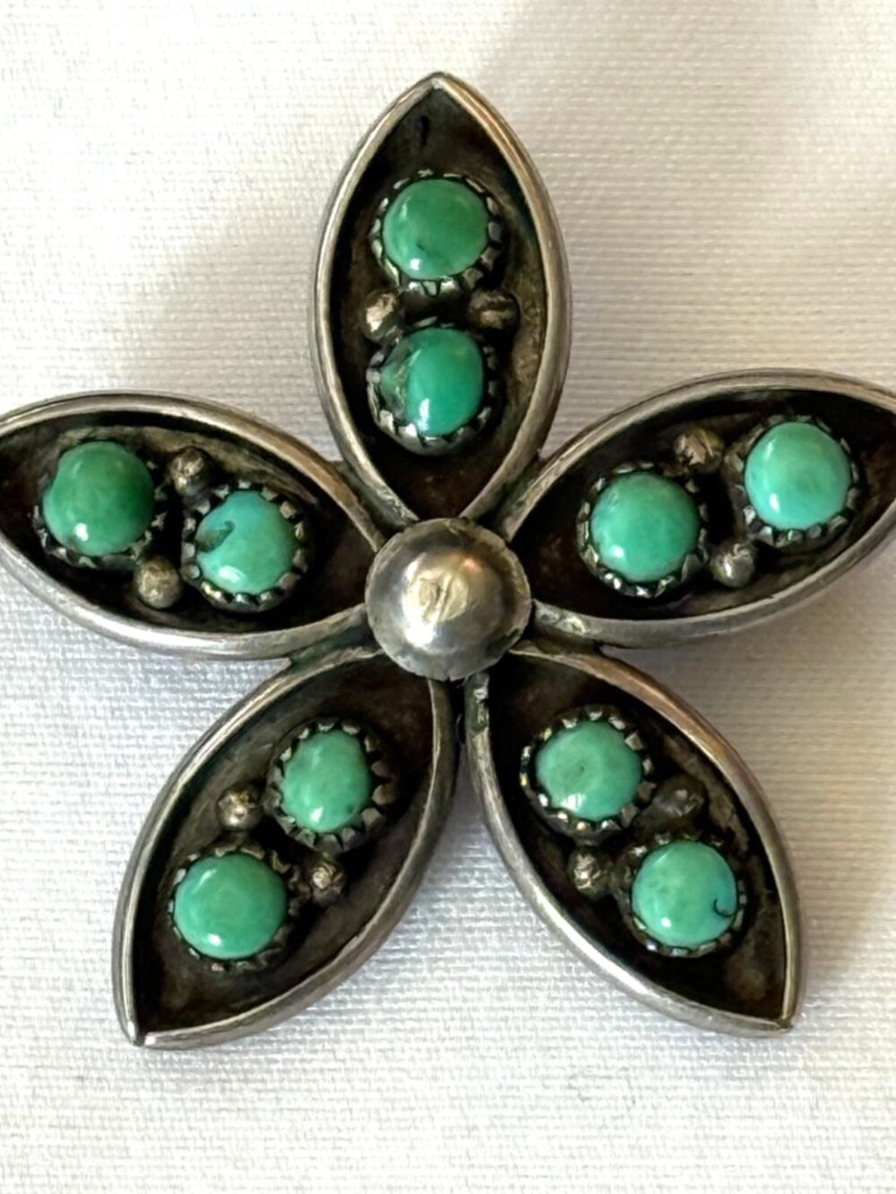 VINTAGE ZUNI SNAKE EYE TURQUOISE STERLING SILVER BROOCH PENDANT SIGNED STAR 6g
